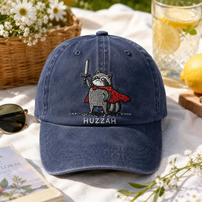 Huzzah Raccoon Hat, Embroidered Dad Cap, Funny RPG Gamer Gift, Medieval Fantasy Raccoon, Ren Faire Accessory, DnD Trash Panda Warrior Cap
