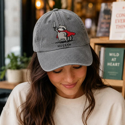 Huzzah Raccoon Hat, Embroidered Dad Cap, Funny RPG Gamer Gift, Medieval Fantasy Raccoon, Ren Faire Accessory, DnD Trash Panda Warrior Cap