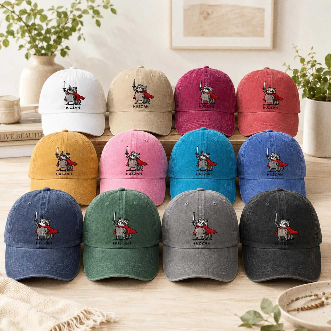 Huzzah Raccoon Hat, Embroidered Dad Cap, Funny RPG Gamer Gift, Medieval Fantasy Raccoon, Ren Faire Accessory, DnD Trash Panda Warrior Cap