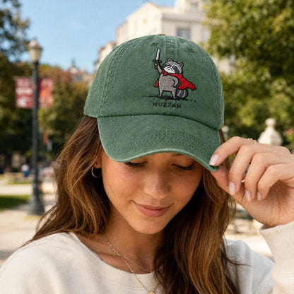 Huzzah Raccoon Hat, Embroidered Dad Cap, Funny RPG Gamer Gift, Medieval Fantasy Raccoon, Ren Faire Accessory, DnD Trash Panda Warrior Cap