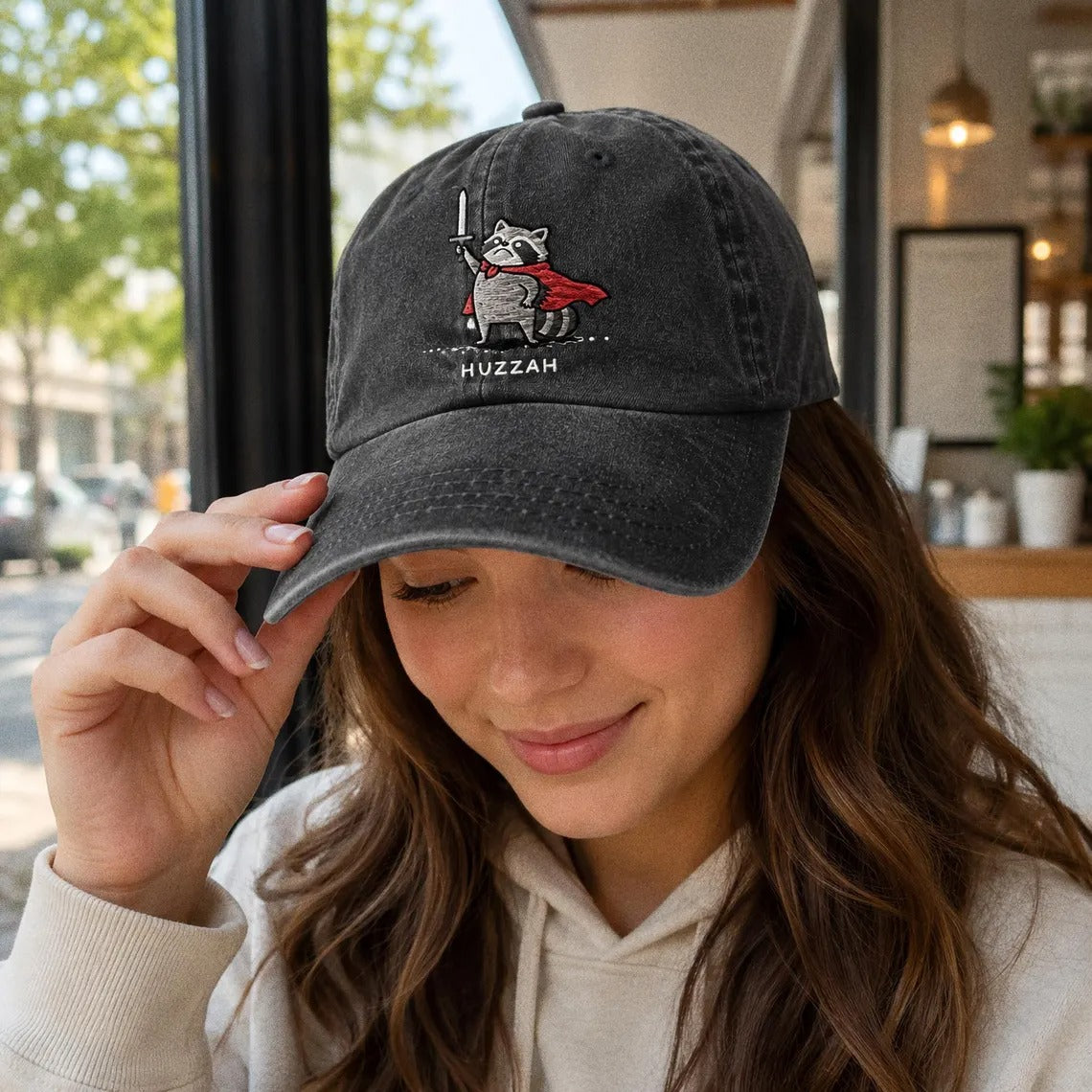Huzzah Raccoon Hat, Embroidered Dad Cap, Funny RPG Gamer Gift, Medieval Fantasy Raccoon, Ren Faire Accessory, DnD Trash Panda Warrior Cap