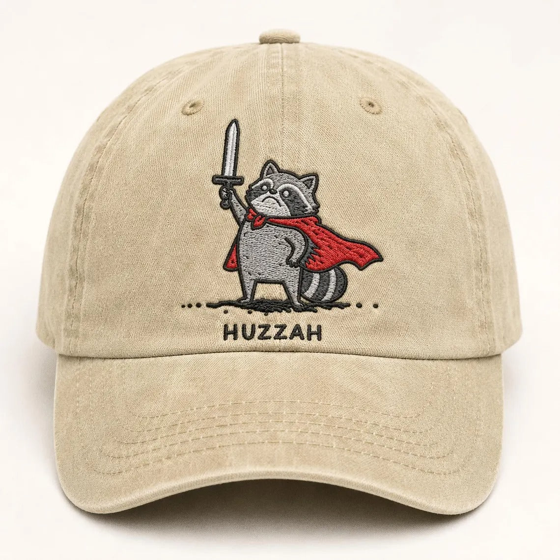 Huzzah Raccoon Hat, Embroidered Dad Cap, Funny RPG Gamer Gift, Medieval Fantasy Raccoon, Ren Faire Accessory, DnD Trash Panda Warrior Cap