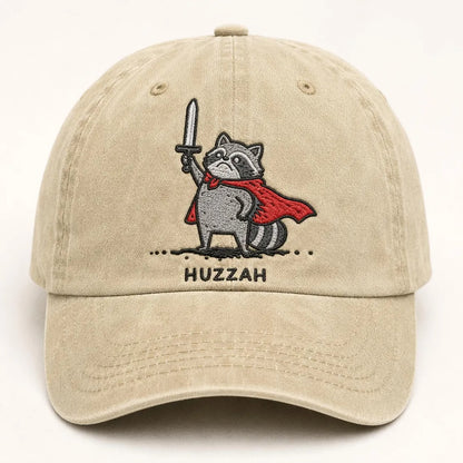 Huzzah Raccoon Hat, Embroidered Dad Cap, Funny RPG Gamer Gift, Medieval Fantasy Raccoon, Ren Faire Accessory, DnD Trash Panda Warrior Cap