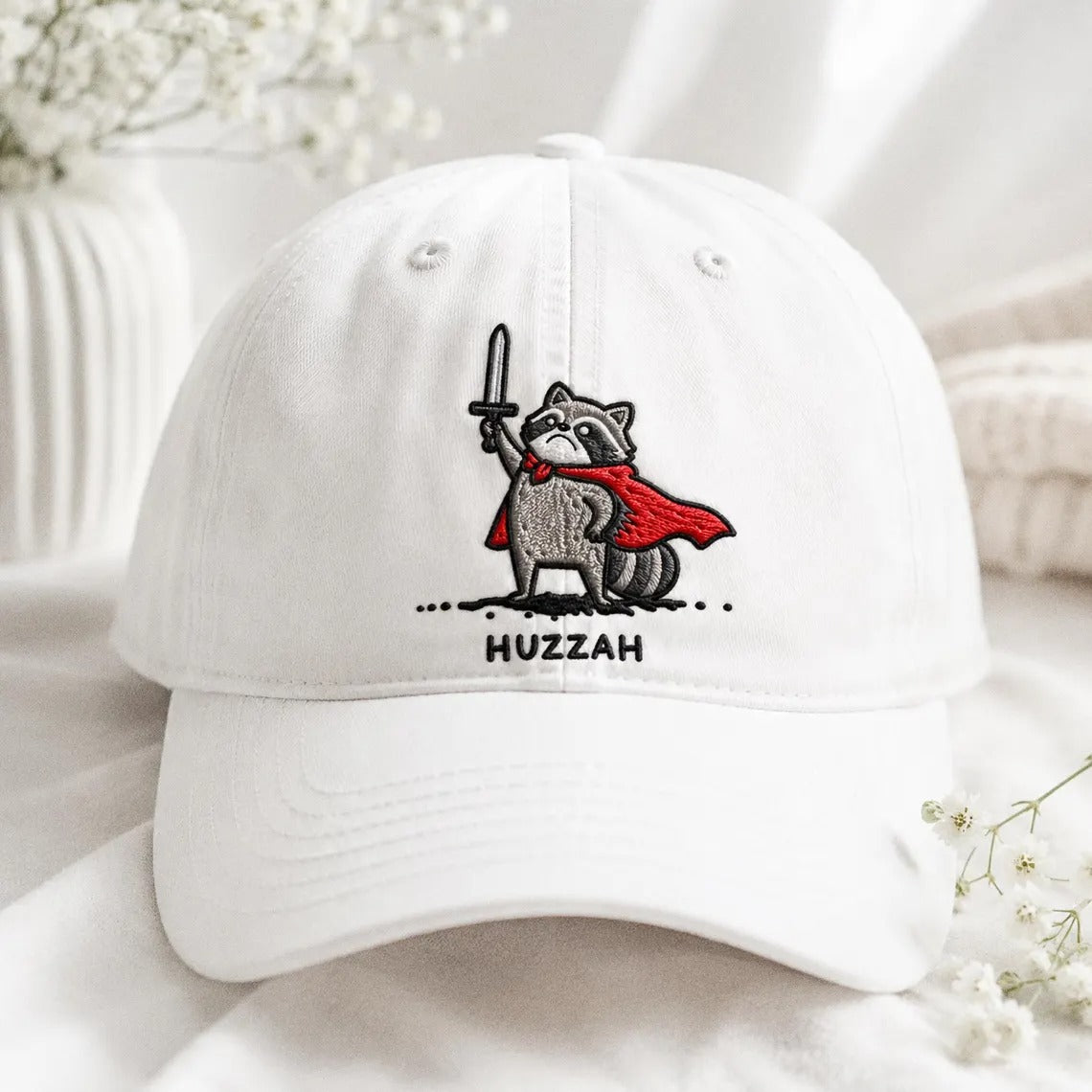 Huzzah Raccoon Hat, Embroidered Dad Cap, Funny RPG Gamer Gift, Medieval Fantasy Raccoon, Ren Faire Accessory, DnD Trash Panda Warrior Cap