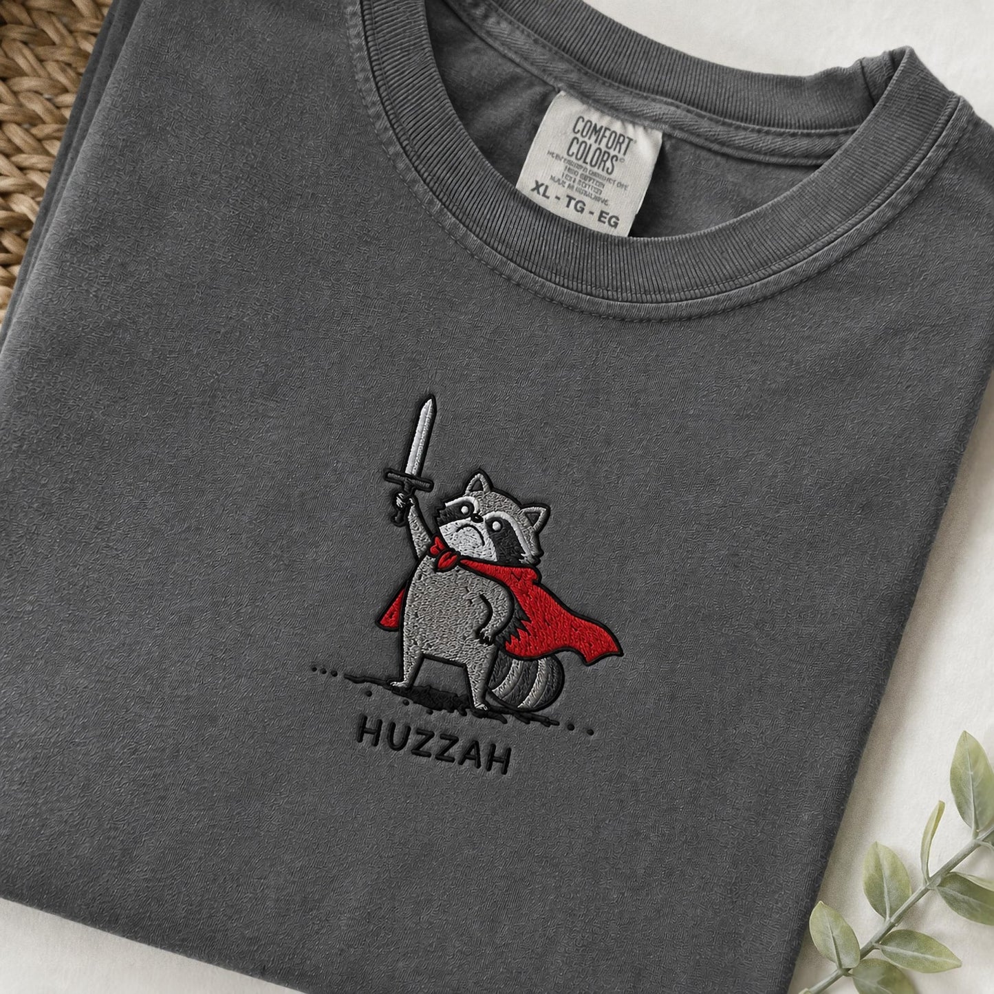 Huzzah Raccoon Shirt, Embroidered Comfort Colors 1717, Funny Medieval Raccoon Tee, Renaissance Faire Gift, Chaotic DnD Gamer Raccoon Shirt