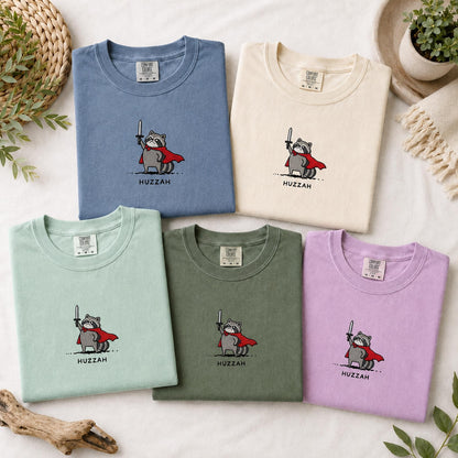Huzzah Raccoon Shirt, Embroidered Comfort Colors 1717, Funny Medieval Raccoon Tee, Renaissance Faire Gift, Chaotic DnD Gamer Raccoon Shirt