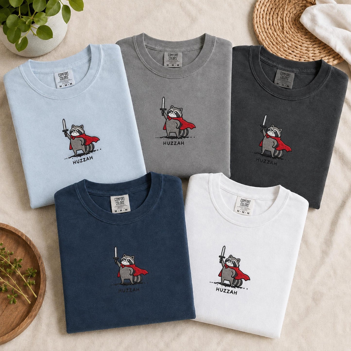 Huzzah Raccoon Shirt, Embroidered Comfort Colors 1717, Funny Medieval Raccoon Tee, Renaissance Faire Gift, Chaotic DnD Gamer Raccoon Shirt
