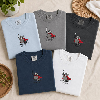 Huzzah Raccoon Shirt, Embroidered Comfort Colors 1717, Funny Medieval Raccoon Tee, Renaissance Faire Gift, Chaotic DnD Gamer Raccoon Shirt