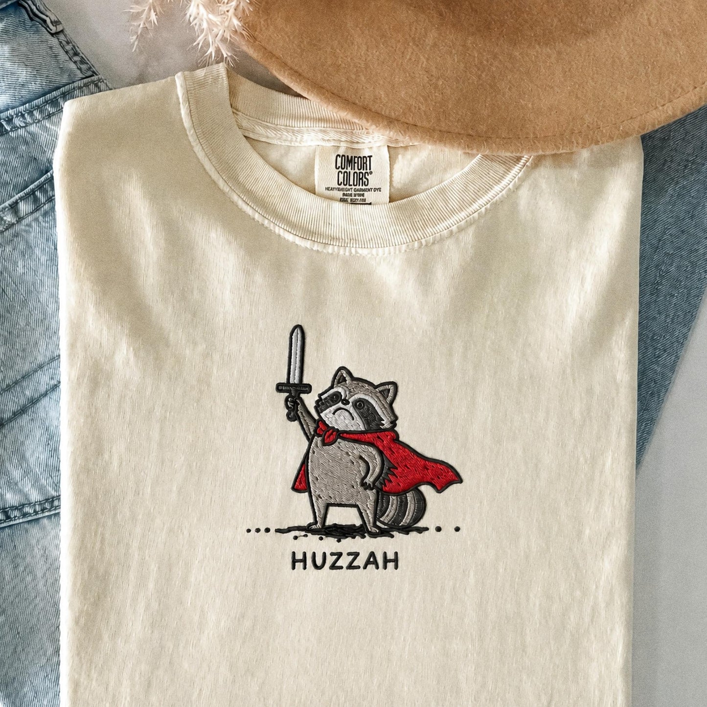 Huzzah Raccoon Shirt, Embroidered Comfort Colors 1717, Funny Medieval Raccoon Tee, Renaissance Faire Gift, Chaotic DnD Gamer Raccoon Shirt