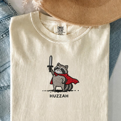 Huzzah Raccoon Shirt, Embroidered Comfort Colors 1717, Funny Medieval Raccoon Tee, Renaissance Faire Gift, Chaotic DnD Gamer Raccoon Shirt