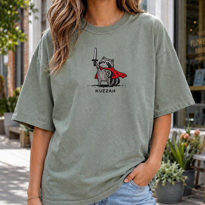 Huzzah Raccoon Shirt, Embroidered Comfort Colors 1717, Funny Medieval Raccoon Tee, Renaissance Faire Gift, Chaotic DnD Gamer Raccoon Shirt