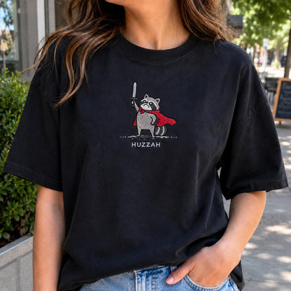 Huzzah Raccoon Shirt, Embroidered Comfort Colors 1717, Funny Medieval Raccoon Tee, Renaissance Faire Gift, Chaotic DnD Gamer Raccoon Shirt