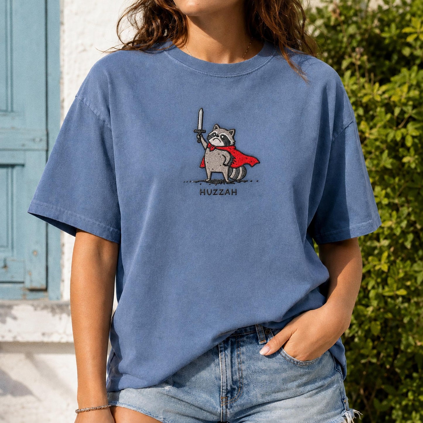 Huzzah Raccoon Shirt, Embroidered Comfort Colors 1717, Funny Medieval Raccoon Tee, Renaissance Faire Gift, Chaotic DnD Gamer Raccoon Shirt