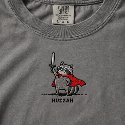 Huzzah Raccoon Shirt, Embroidered Comfort Colors 1717, Funny Medieval Raccoon Tee, Renaissance Faire Gift, Chaotic DnD Gamer Raccoon Shirt