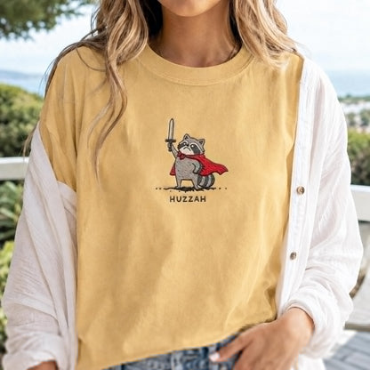 Huzzah Raccoon Shirt, Embroidered Comfort Colors 1717, Funny Medieval Raccoon Tee, Renaissance Faire Gift, Chaotic DnD Gamer Raccoon Shirt