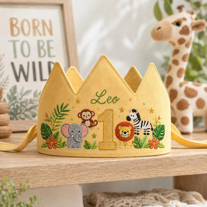 Jungle Animal Birthday Crown, Personalized Linen Crown, Custom Name Baby Hat, First Birthday Gift, Safari Party Crown, Embroidered Keepsake