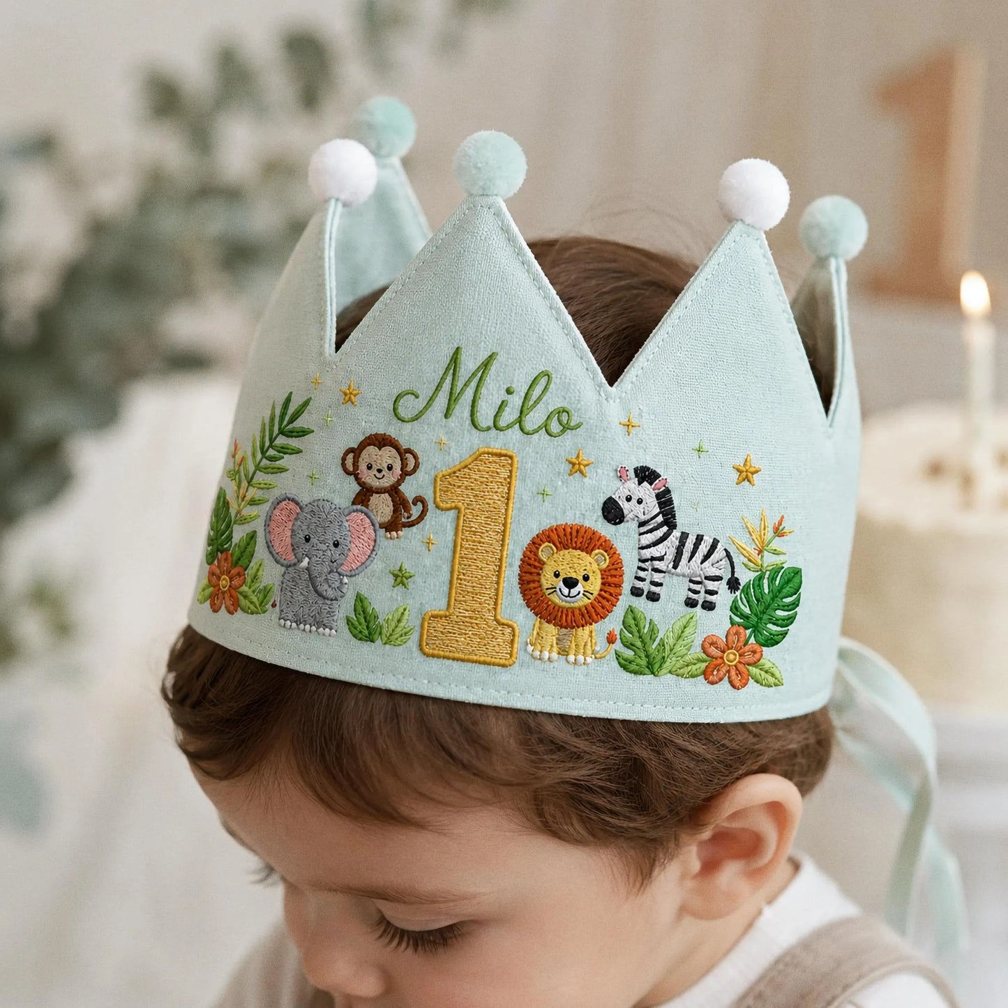 Jungle Animal Birthday Crown, Personalized Linen Crown, Custom Name Baby Hat, First Birthday Gift, Safari Party Crown, Embroidered Keepsake