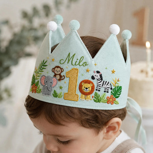Jungle Animal Birthday Crown, Personalized Linen Crown, Custom Name Baby Hat, First Birthday Gift, Safari Party Crown, Embroidered Keepsake