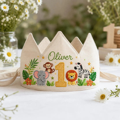 Jungle Animal Birthday Crown, Personalized Linen Crown, Custom Name Baby Hat, First Birthday Gift, Safari Party Crown, Embroidered Keepsake