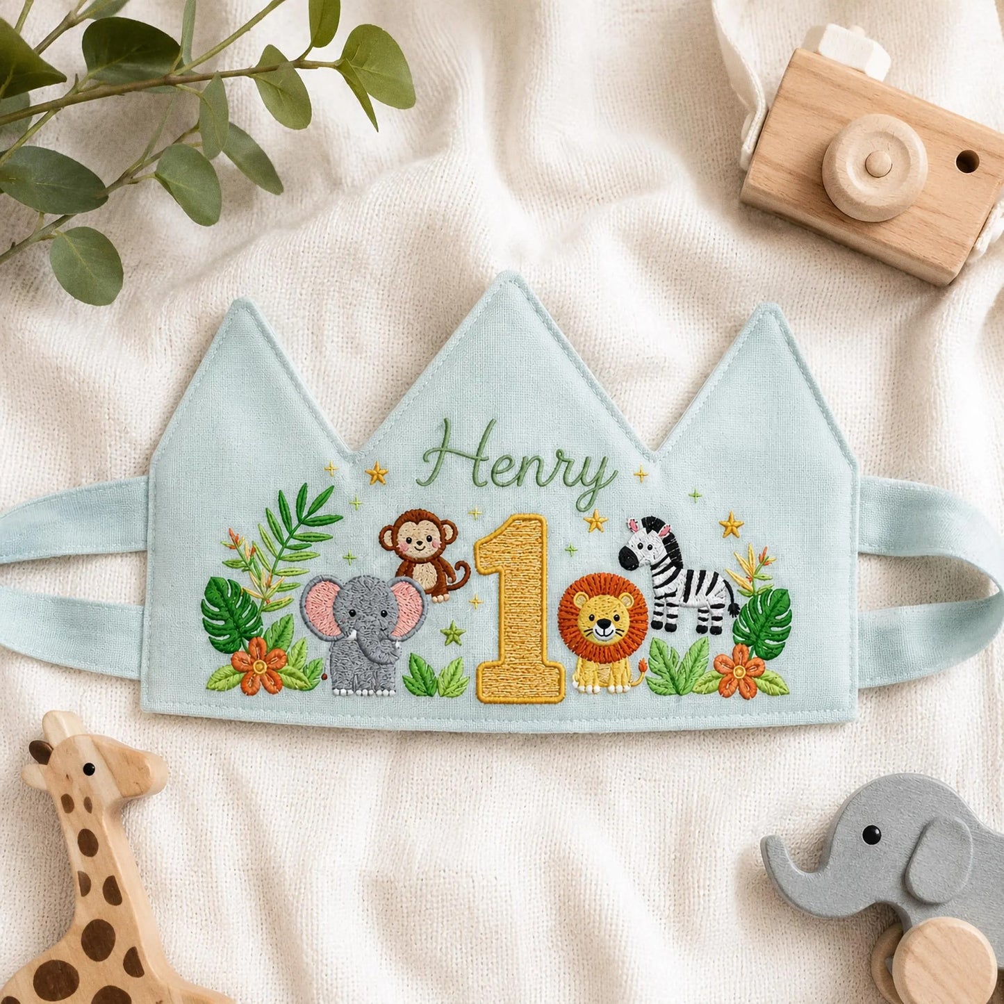 Jungle Animal Birthday Crown, Personalized Linen Crown, Custom Name Baby Hat, First Birthday Gift, Safari Party Crown, Embroidered Keepsake