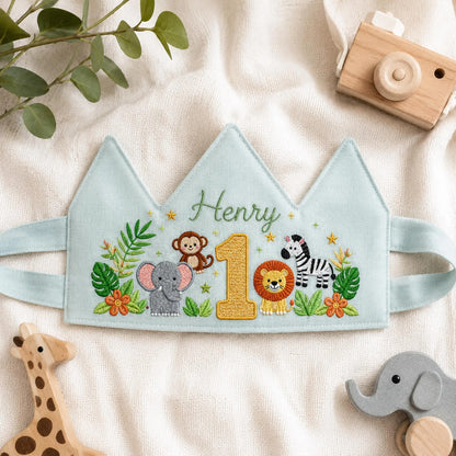 Jungle Animal Birthday Crown, Personalized Linen Crown, Custom Name Baby Hat, First Birthday Gift, Safari Party Crown, Embroidered Keepsake