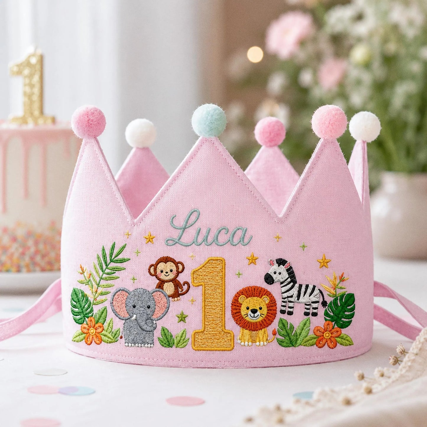 Jungle Animal Birthday Crown, Personalized Linen Crown, Custom Name Baby Hat, First Birthday Gift, Safari Party Crown, Embroidered Keepsake