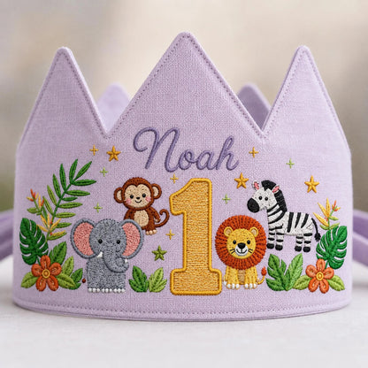 Jungle Animal Birthday Crown, Personalized Linen Crown, Custom Name Baby Hat, First Birthday Gift, Safari Party Crown, Embroidered Keepsake