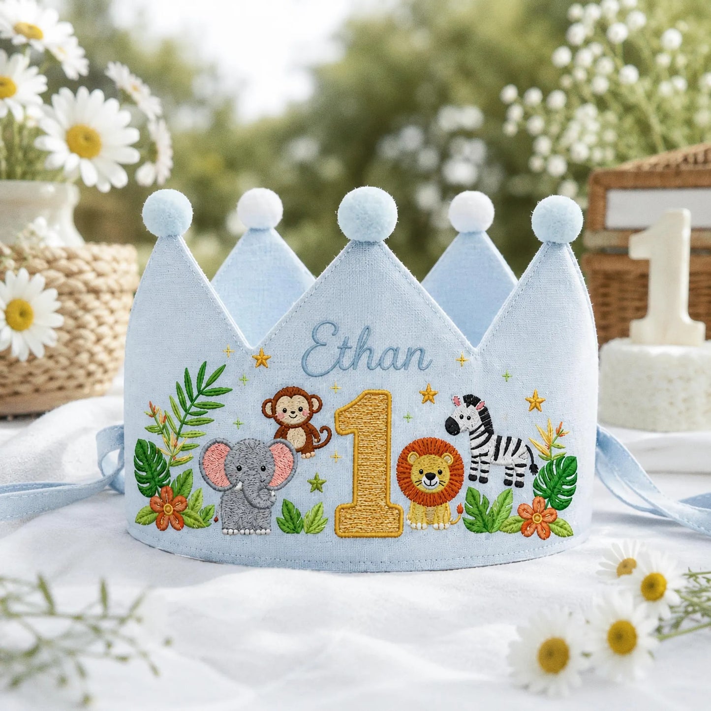 Jungle Animal Birthday Crown, Personalized Linen Crown, Custom Name Baby Hat, First Birthday Gift, Safari Party Crown, Embroidered Keepsake