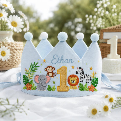 Jungle Animal Birthday Crown, Personalized Linen Crown, Custom Name Baby Hat, First Birthday Gift, Safari Party Crown, Embroidered Keepsake