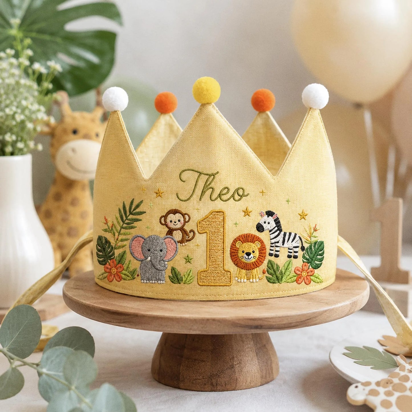 Jungle Animal Birthday Crown, Personalized Linen Crown, Custom Name Baby Hat, First Birthday Gift, Safari Party Crown, Embroidered Keepsake