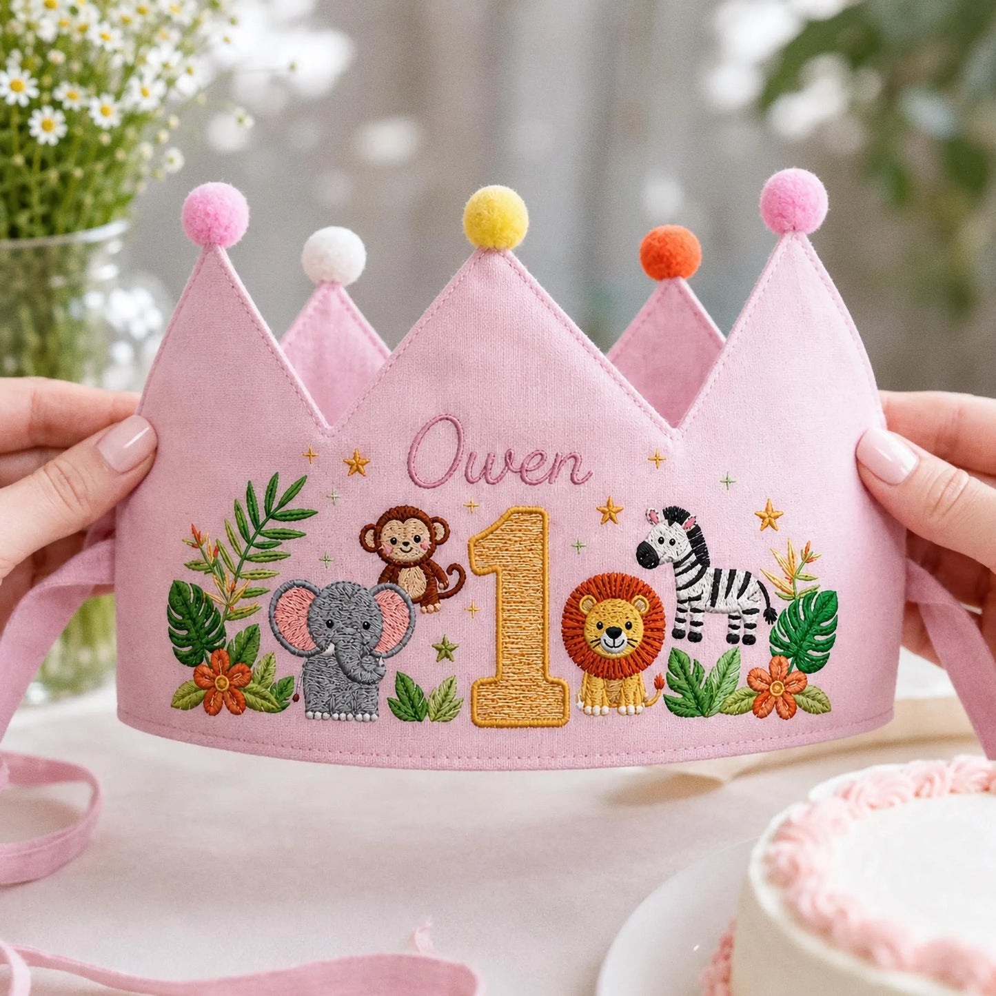 Jungle Animal Birthday Crown, Personalized Linen Crown, Custom Name Baby Hat, First Birthday Gift, Safari Party Crown, Embroidered Keepsake