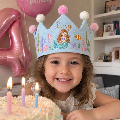 Mermaid Birthday Crown, Personalized Embroidered Baby Crown, Under The Sea 1st Birthday, Custom Linen Name, Ocean Keepsake Gift