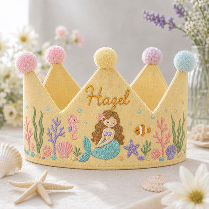 Mermaid Birthday Crown, Personalized Embroidered Baby Crown, Under The Sea 1st Birthday, Custom Linen Name, Ocean Keepsake Gift