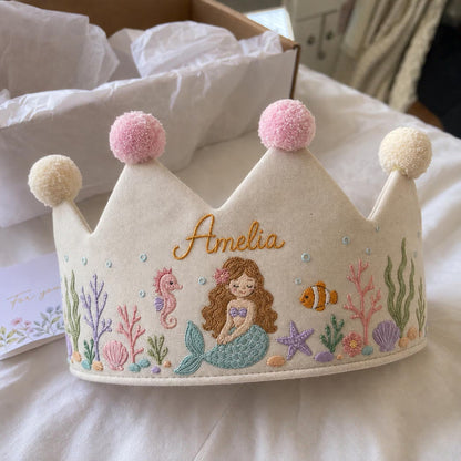 Mermaid Birthday Crown, Personalized Embroidered Baby Crown, Under The Sea 1st Birthday, Custom Linen Name, Ocean Keepsake Gift
