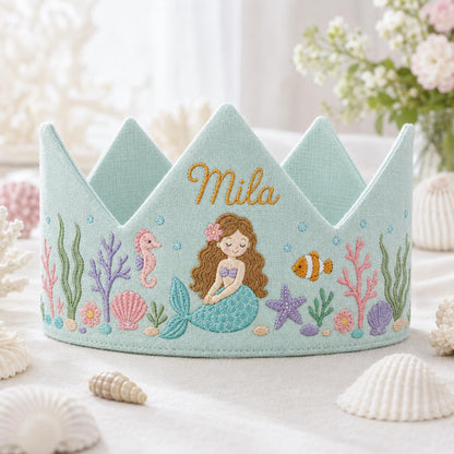 Mermaid Birthday Crown, Personalized Embroidered Baby Crown, Under The Sea 1st Birthday, Custom Linen Name, Ocean Keepsake Gift