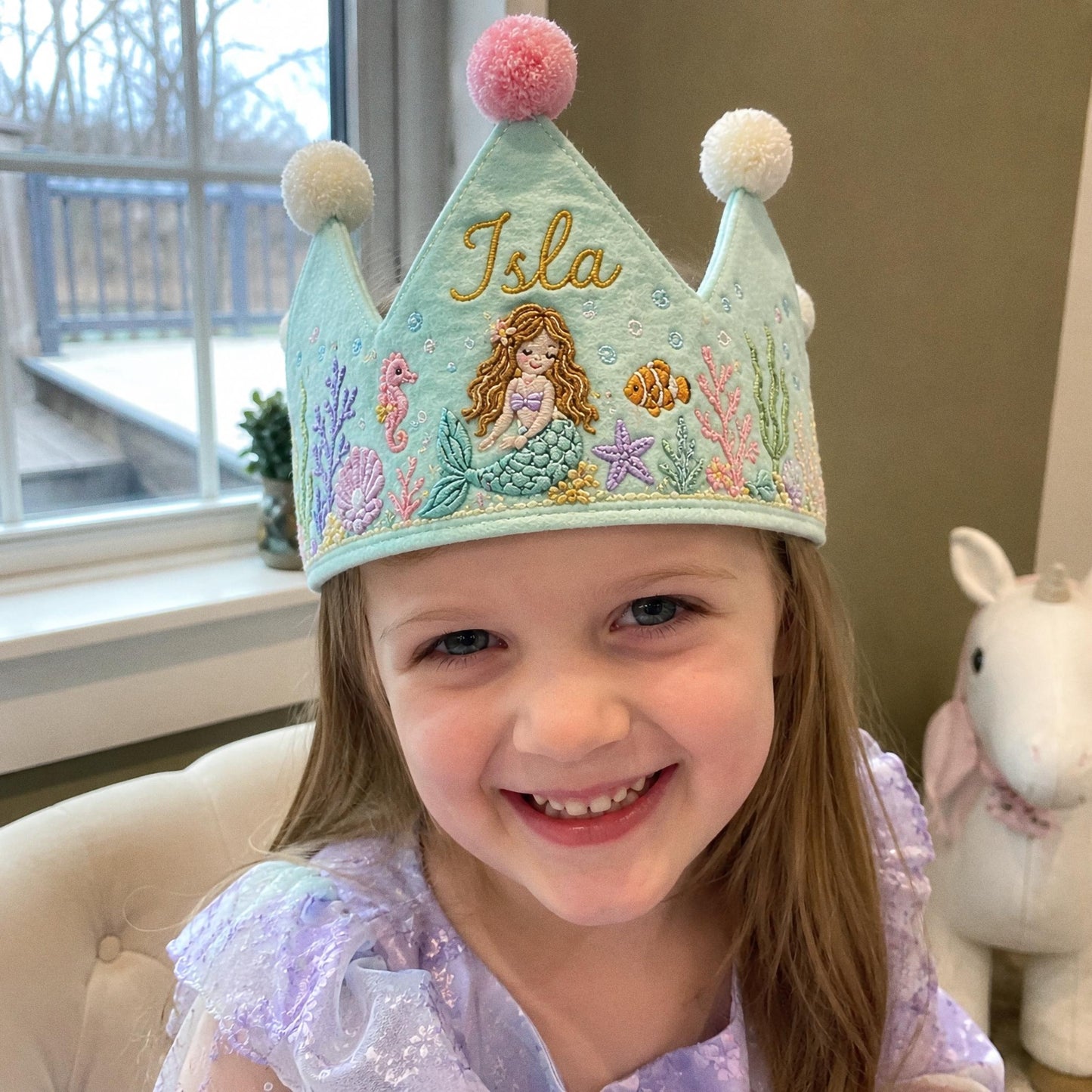 Mermaid Birthday Crown, Personalized Embroidered Baby Crown, Under The Sea 1st Birthday, Custom Linen Name, Ocean Keepsake Gift