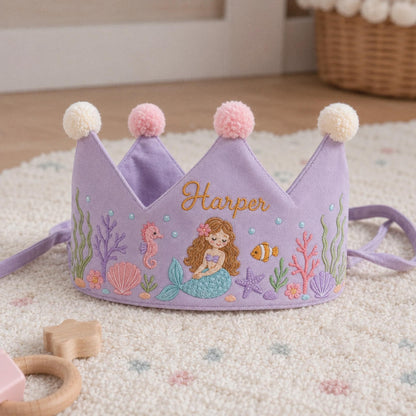 Mermaid Birthday Crown, Personalized Embroidered Baby Crown, Under The Sea 1st Birthday, Custom Linen Name, Ocean Keepsake Gift