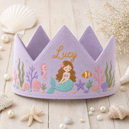 Mermaid Birthday Crown, Personalized Embroidered Baby Crown, Under The Sea 1st Birthday, Custom Linen Name, Ocean Keepsake Gift