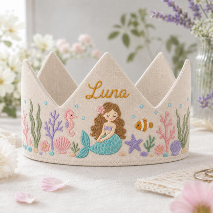 Mermaid Birthday Crown, Personalized Embroidered Baby Crown, Under The Sea 1st Birthday, Custom Linen Name, Ocean Keepsake Gift
