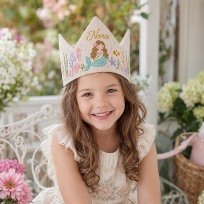 Mermaid Birthday Crown, Personalized Embroidered Baby Crown, Under The Sea 1st Birthday, Custom Linen Name, Ocean Keepsake Gift