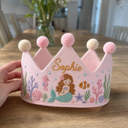 Mermaid Birthday Crown, Personalized Embroidered Baby Crown, Under The Sea 1st Birthday, Custom Linen Name, Ocean Keepsake Gift