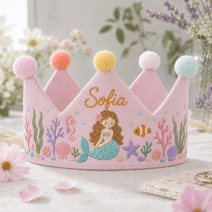 Mermaid Birthday Crown, Personalized Embroidered Baby Crown, Under The Sea 1st Birthday, Custom Linen Name, Ocean Keepsake Gift