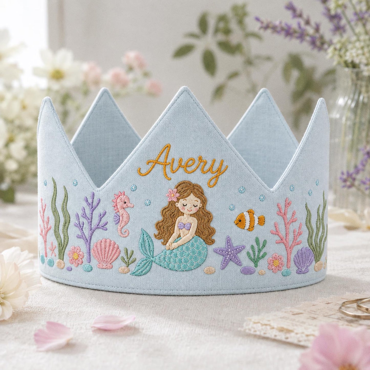 Mermaid Birthday Crown, Personalized Embroidered Baby Crown, Under The Sea 1st Birthday, Custom Linen Name, Ocean Keepsake Gift