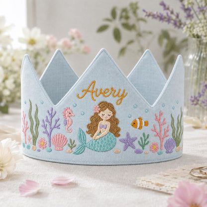 Mermaid Birthday Crown, Personalized Embroidered Baby Crown, Under The Sea 1st Birthday, Custom Linen Name, Ocean Keepsake Gift