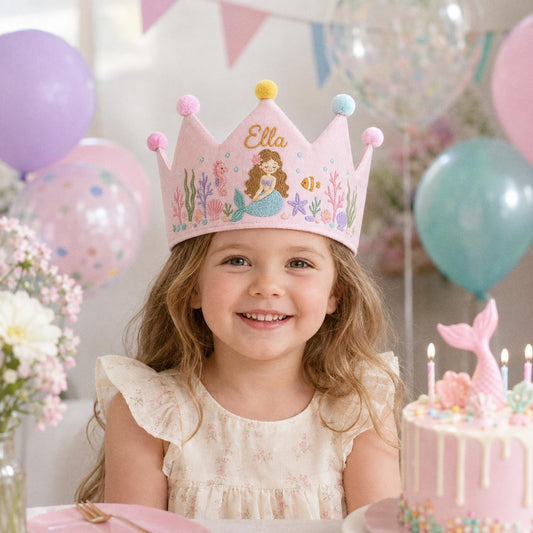 Mermaid Birthday Crown, Personalized Embroidered Baby Crown, Under The Sea 1st Birthday, Custom Linen Name, Ocean Keepsake Gift