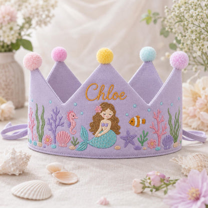 Mermaid Birthday Crown, Personalized Embroidered Baby Crown, Under The Sea 1st Birthday, Custom Linen Name, Ocean Keepsake Gift