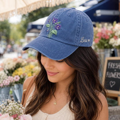 Personalized Birth Flower Embroidered Hat, Custom Floral Name Cap, Botanical Embroidery Hat, Birthday Gift For Her, Mother's Day Gift