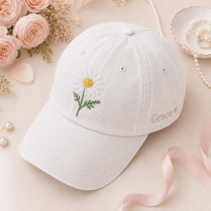 Personalized Birth Flower Embroidered Hat, Custom Floral Name Cap, Botanical Embroidery Hat, Birthday Gift For Her, Mother's Day Gift
