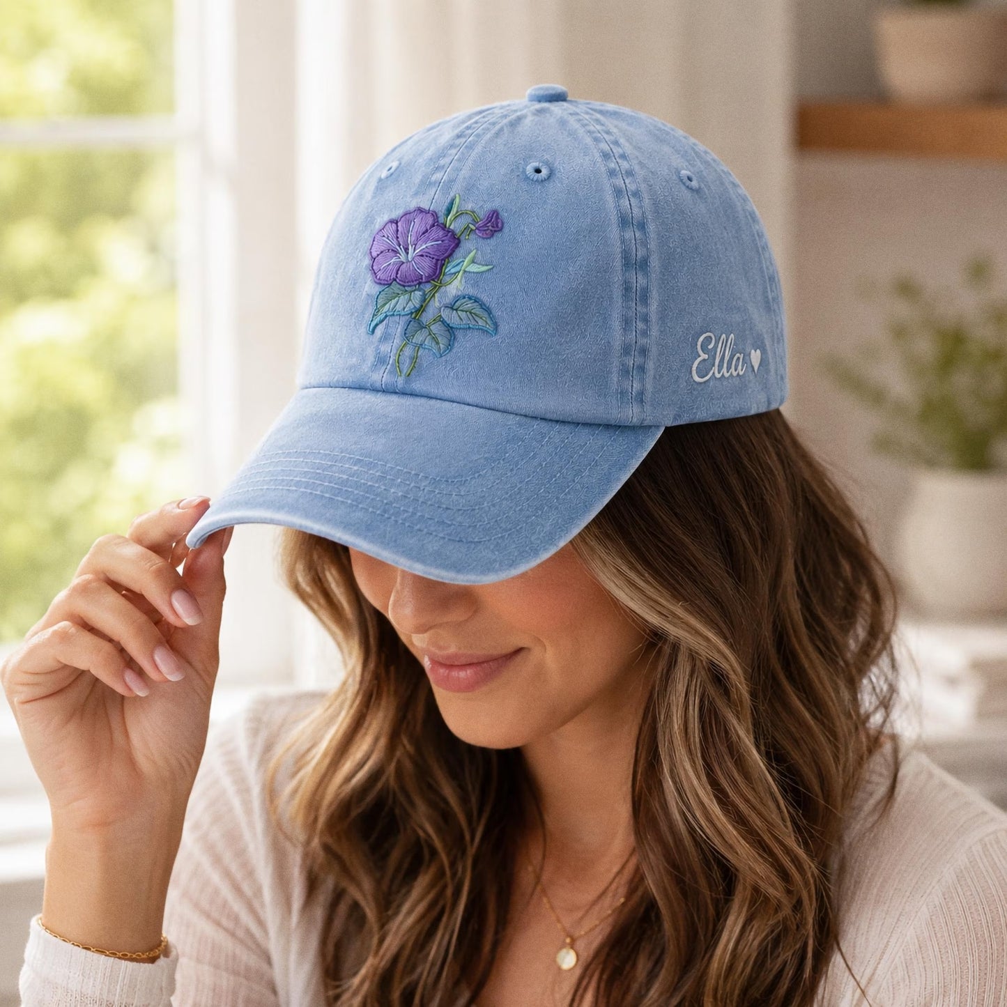 Personalized Birth Flower Embroidered Hat, Custom Floral Name Cap, Botanical Embroidery Hat, Birthday Gift For Her, Mother's Day Gift