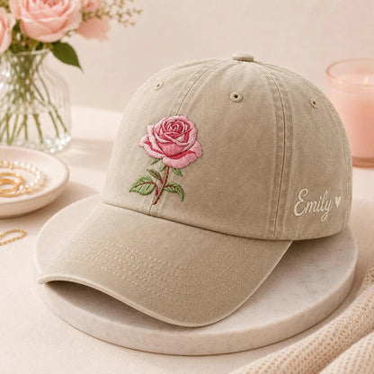 Personalized Birth Flower Embroidered Hat, Custom Floral Name Cap, Botanical Embroidery Hat, Birthday Gift For Her, Mother's Day Gift